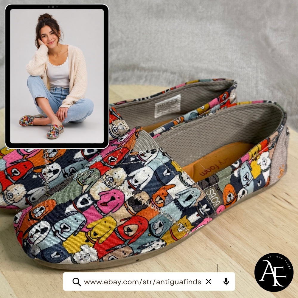 Skechers BOBS for Dogs Beach Bingo Dog Print Slip On Sneakers 8.5 MLT 34389